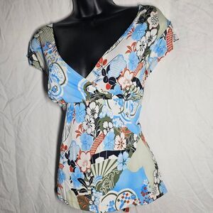 Vintage y2k patterned blue floral whimsical babydoll top